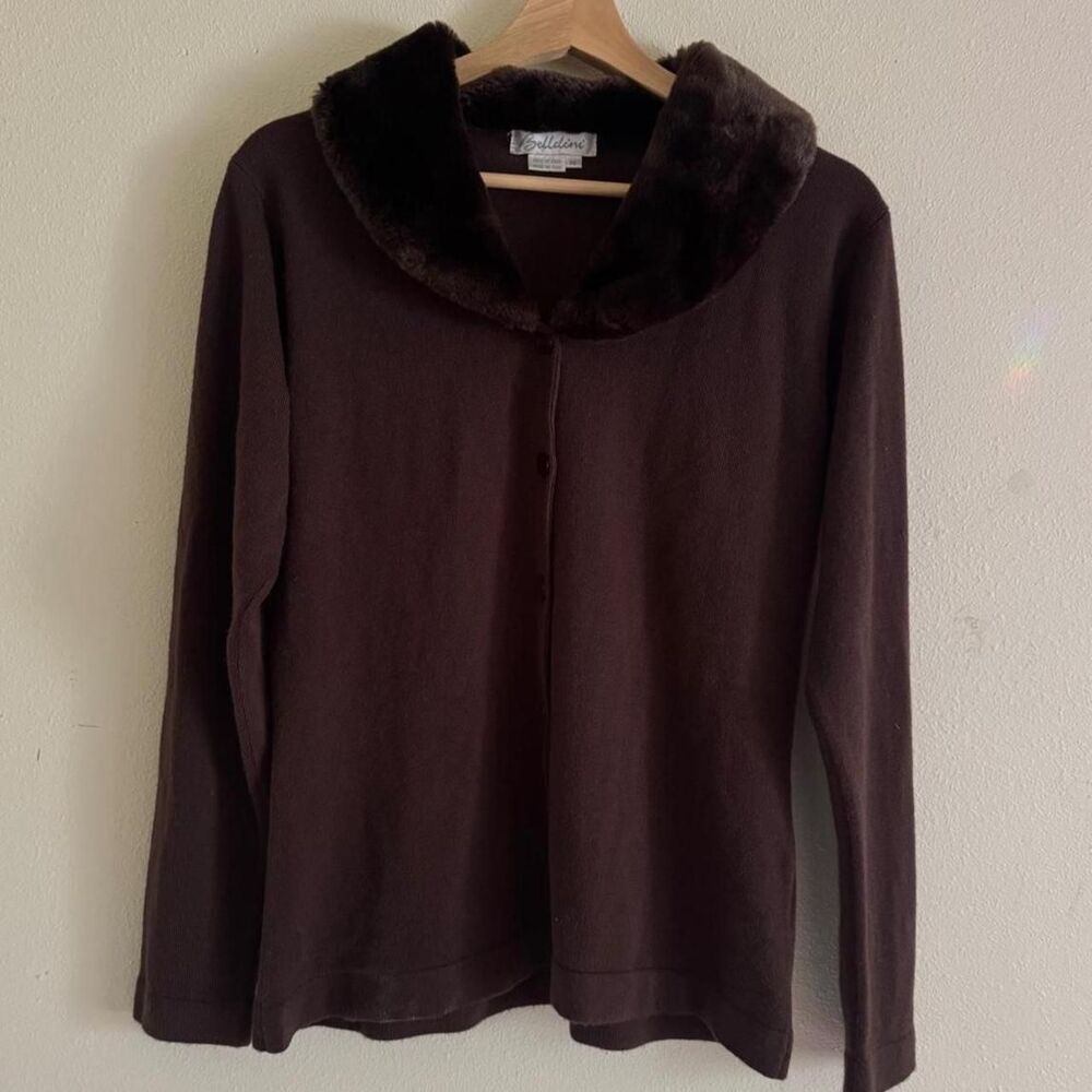 Belldini Faux Fur Collar Cardigan M Chocolate Brown 90s Y2K Vintage Glam